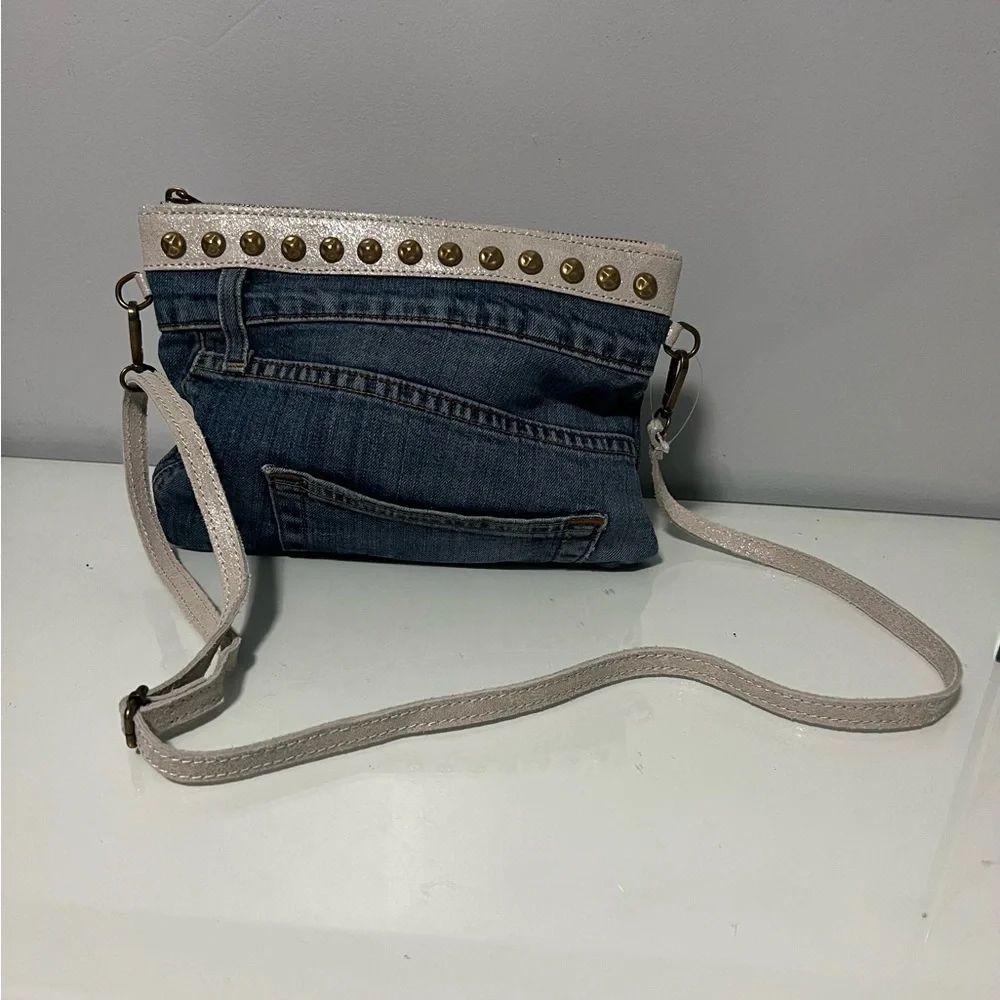 Denim and White Studded Crossbody Bag